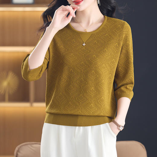 CC-13-2823洋气圆领半袖针织衫女士2025春秋新款遮肚子七分中袖上衣 商品图2