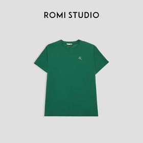 ROMI STUDIO “随手穿” 百搭薄款圆领手工印花橄榄绿短袖t恤 T3189