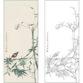 任重花鸟工笔画白描底稿《竹林小鸟》临摹勾线高清打印稿RD32