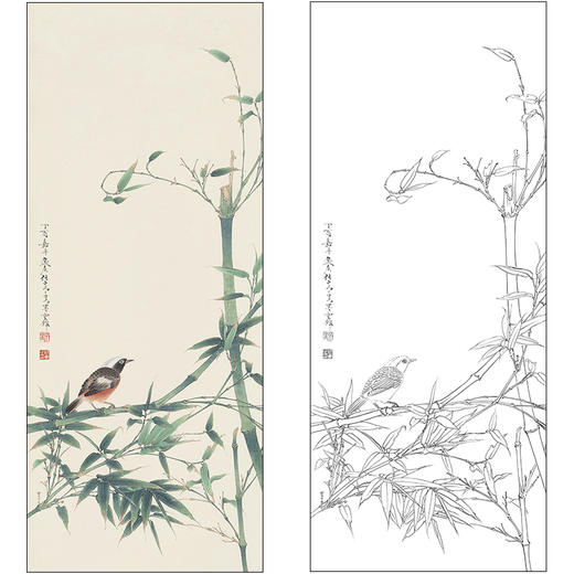 任重花鸟工笔画白描底稿《竹林小鸟》临摹勾线高清打印稿RD32 商品图0