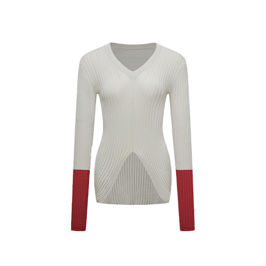 NUTH 撞色袖口修身不规则下摆针织衫V领上衣女黑灰/深浅蓝/红米色 商品图7