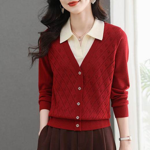CC-103-5501翻领polo长袖t恤女士针织衫2025春秋新款洋气镂空打底上衣假两件 商品图1