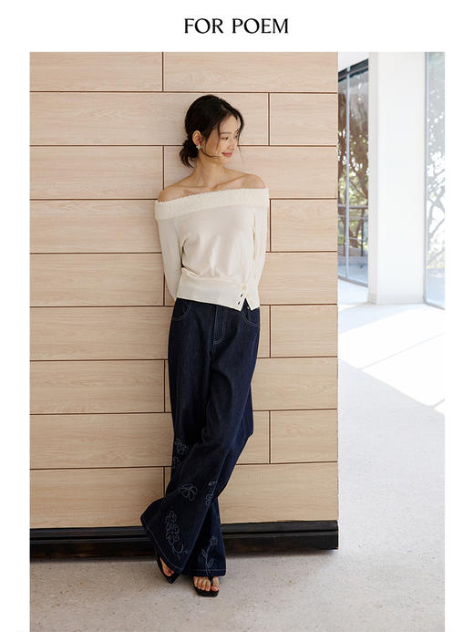 ForPoem 现货 25/SS原创设计氛围感蝴蝶纱拼接一字肩针织上衣 商品图2