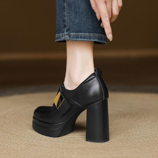 【预售5天】圆头厚底牛皮深口单鞋皮鞋，黑色魔术贴防水台乐福鞋NWS1&N9706 商品图3