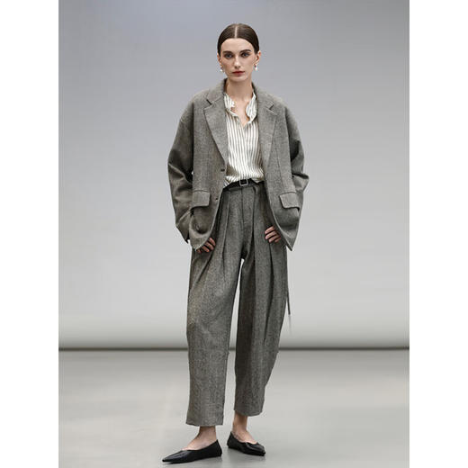 【有赞】COCOBELLA提花人字纹老钱风奶奶裤手工立体双褶休闲裤PA7037 商品图1