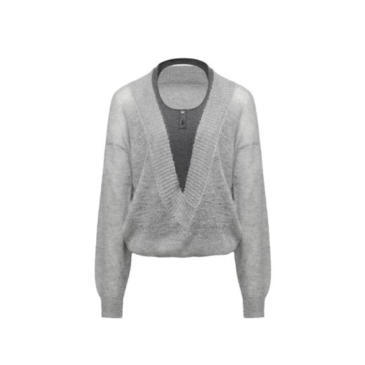 NUTH 假两件宽松深V领毛衣针织衫女 灰色/米白色（发货时间同步天猫） 商品图3