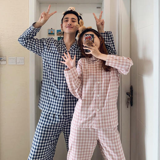 【双层纱睡衣】全棉双层纱睡衣套装无侧缝日式良品格子小点春夏情侣家居服套装 商品图1