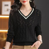 CC-102-8773春秋镂空女上衣宽松拼色简约时尚V领套头螺纹百搭毛衣打底针织衫 商品缩略图1
