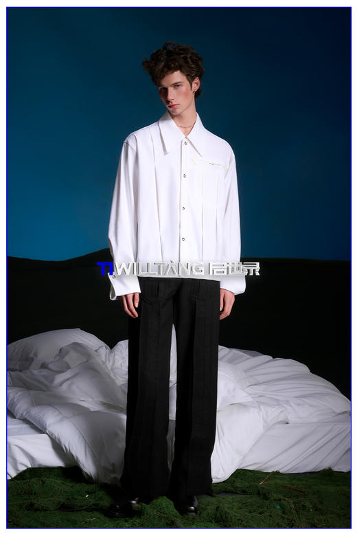 启世录TIWILLTANG“洌袖渡涧”黑色长袖休闲立体衬衫外套宽松上衣 商品图5