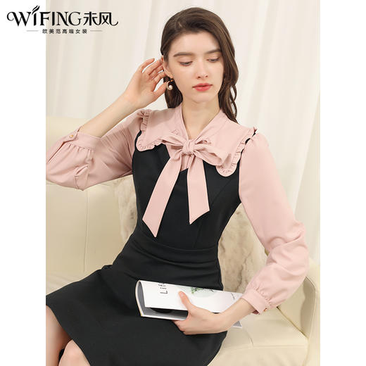 未风黑色娃娃领打底连衣裙女初春2025春季新款时尚假两件长袖裙子 商品图1