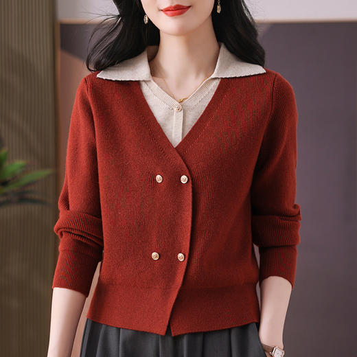 CC-102-1708红色洋气假两件毛衣女秋冬新款宽松显瘦针织衫打底上衣 商品图0