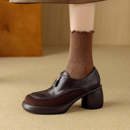 【预售5天】经典百搭新款牛皮轻便舒适，厚底乐福鞋前拉链防水台粗高跟单鞋MLD&AM916 商品图1