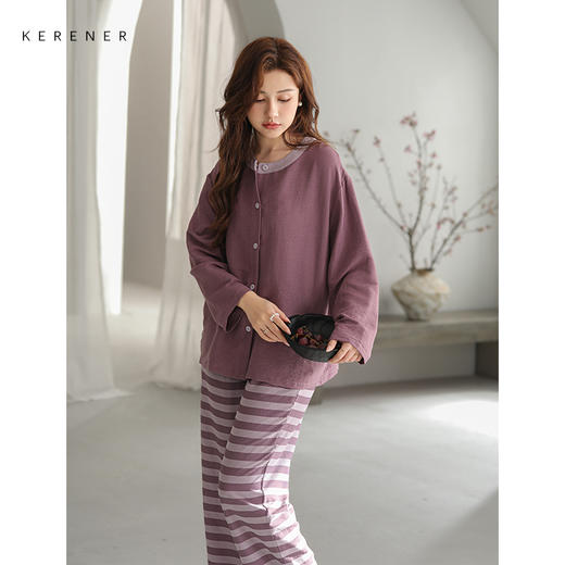可人儿原创设计新款泡泡绵女士睡衣春秋长袖时尚可外出家居服套装 商品图3