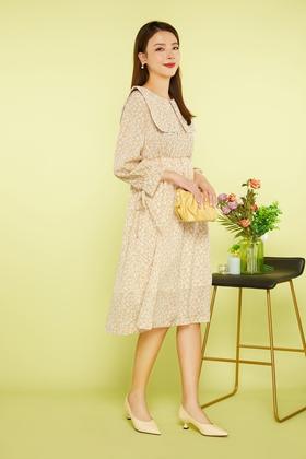 amadella 米杏色碎花抽褶连衣裙 11398