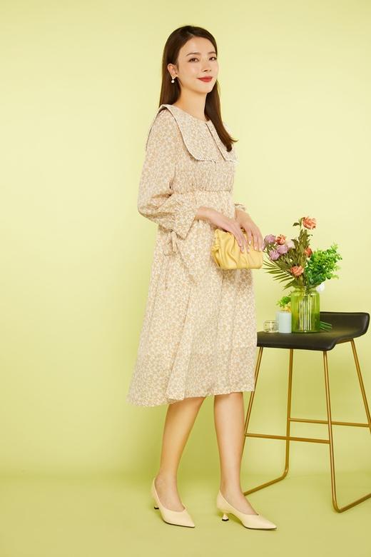 amadella 米杏色碎花抽褶连衣裙 11398 商品图0
