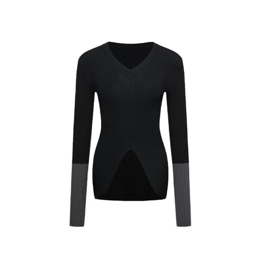 NUTH 撞色袖口修身不规则下摆针织衫V领上衣女黑灰/深浅蓝/红米色 商品图5