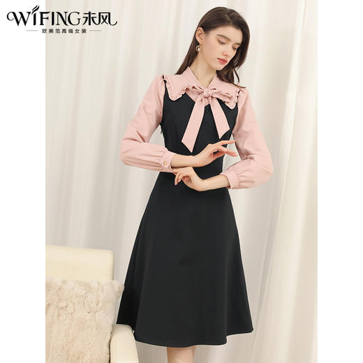 未风黑色娃娃领打底连衣裙女初春2025春季新款时尚假两件长袖裙子 商品图3