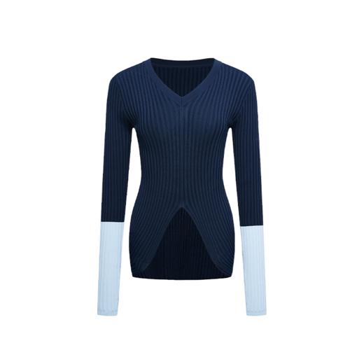 NUTH 撞色袖口修身不规则下摆针织衫V领上衣女黑灰/深浅蓝/红米色 商品图12