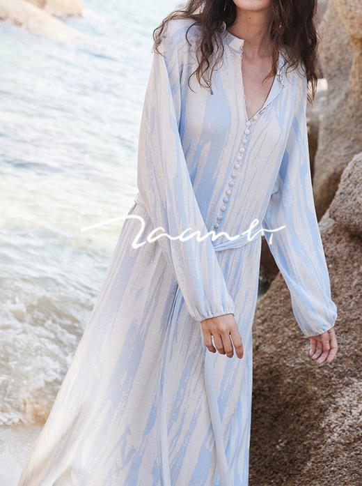 ZAANLI｜ZN50001-1 空蓝 质感真丝棉提花灯笼袖针织连衣裙 商品图1