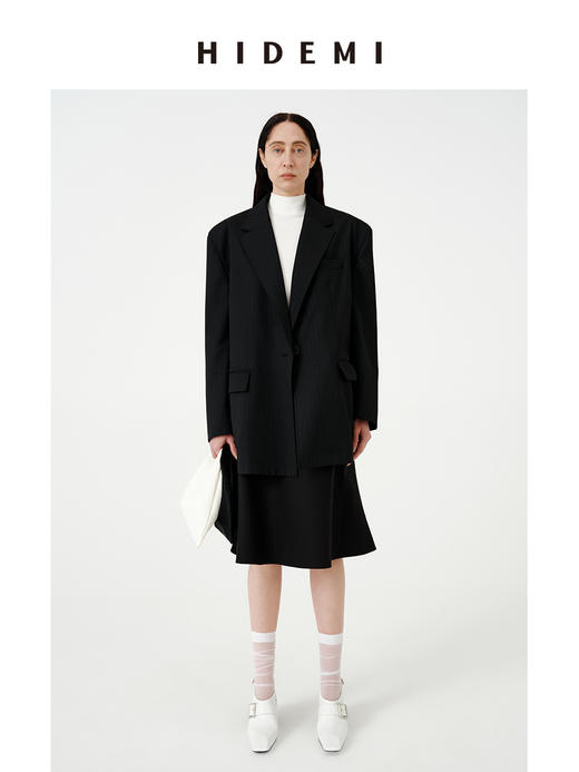 HIDEMI 银线细条纹极简大廓形垫肩大宽肩男朋友卷边西装 商品图0