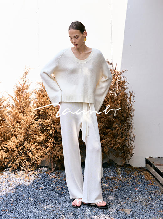 ZAANLI｜ZN40007 既白色 飘带羊绒羊毛针织长裤 商品图5