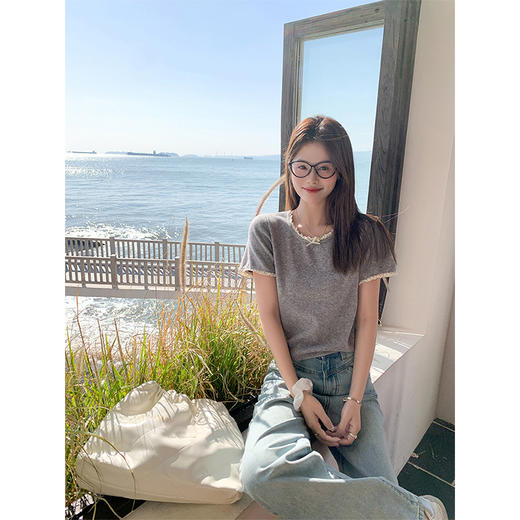 <曾小咸推荐>蕾丝边蝴蝶结拼接短袖针织衫T恤 商品图3