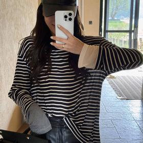 顺丰包邮洛诗琳法式优雅设计感复古撞色天丝羊毛条纹宽松长袖T恤10574