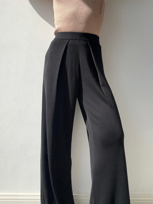 ZAANLI｜ZN40006 雾黑色 桑蚕丝垂感前褶针织阔腿裤 商品图0