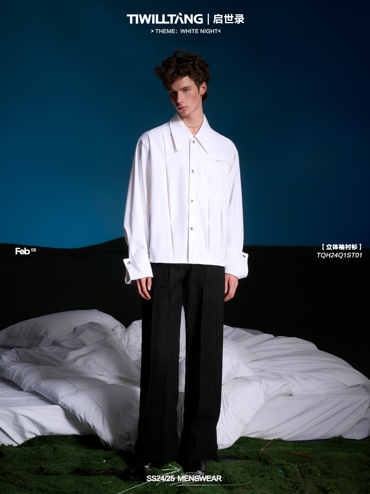 启世录TIWILLTANG“洌袖渡涧”黑色长袖休闲立体衬衫外套宽松上衣