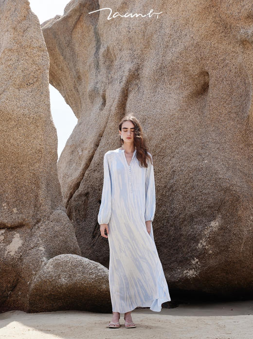 ZAANLI｜ZN50001-1 空蓝 质感真丝棉提花灯笼袖针织连衣裙 商品图9