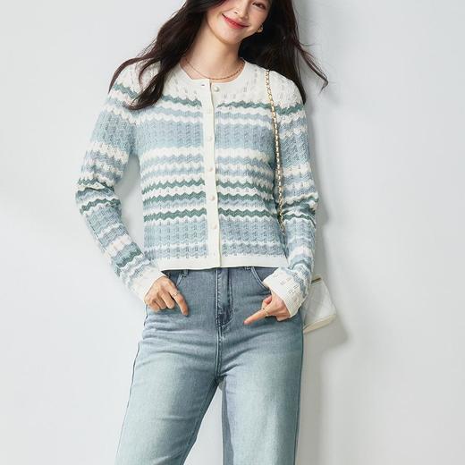 【高货sh】全新升级【铂金会员220/天猫289/差价69】(11840) 洛诗琳25春夏水波纹撞色纹针织拼色镂空时尚温柔针织开衫 商品图1