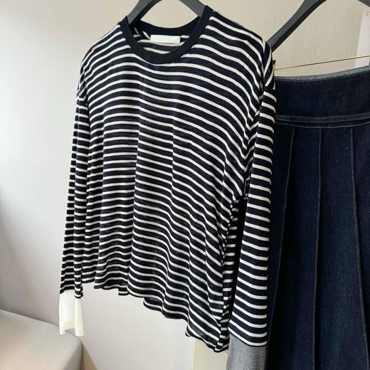 顺丰包邮洛诗琳法式优雅设计感复古撞色天丝羊毛条纹宽松长袖T恤10574 商品图4