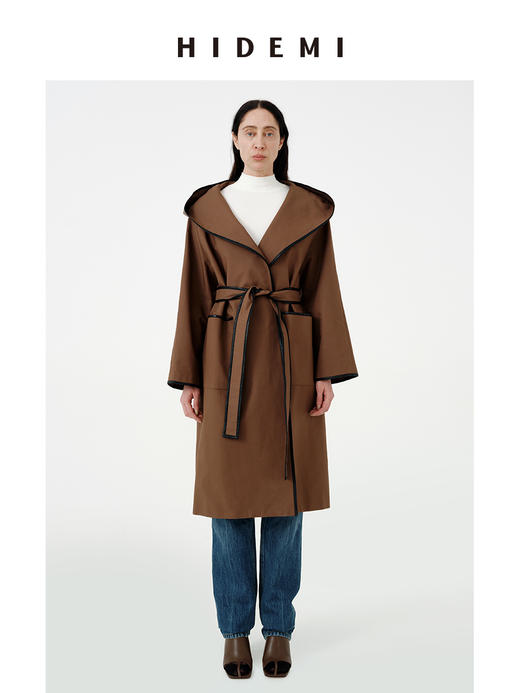 HIDEMI极简复古包皮边连帽腰带式长款风衣 商品图0