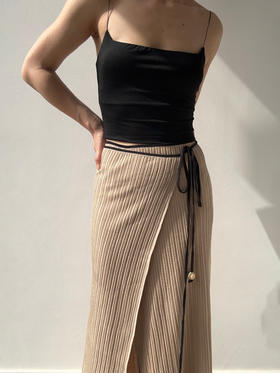 ZAANLI｜ZN30004-2 沙色 度假感亚麻天丝绑带针织半裙