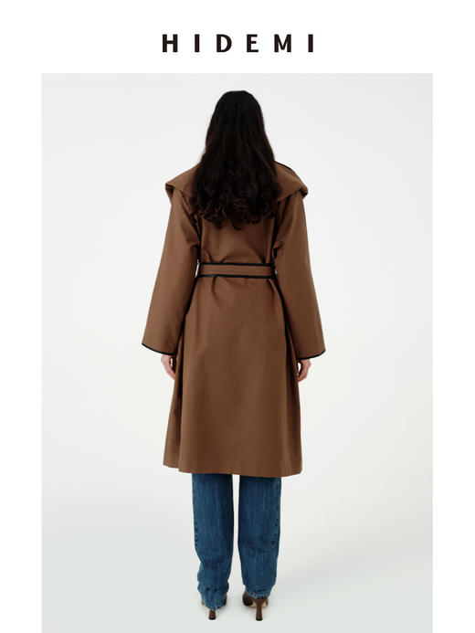 HIDEMI极简复古包皮边连帽腰带式长款风衣 商品图4
