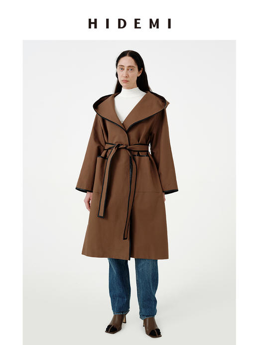 HIDEMI极简复古包皮边连帽腰带式长款风衣 商品图2