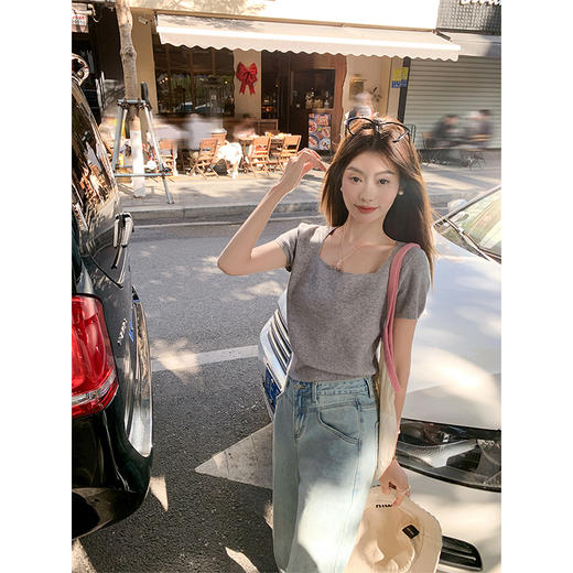 <曾小咸推荐>韩系简约方领短袖针织衫T恤 商品图4