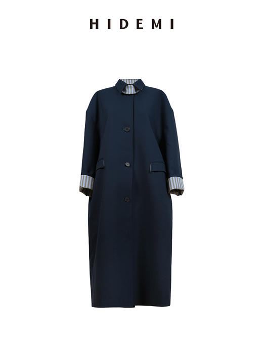 HIDEMI 经典复古廓形设计感羊毛条纹翻边飘领设计感长款风衣外套 商品图9