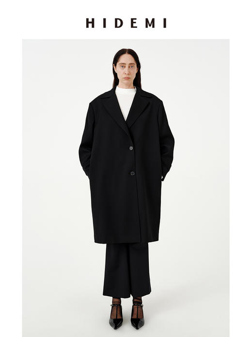 HIDEMI 甄选斜纹精纺高克重全羊毛复古廓形极简翻领式长款西装风衣 商品图2