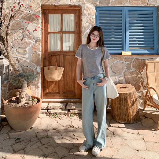 <曾小咸推荐>蕾丝边蝴蝶结拼接短袖针织衫T恤 商品图1