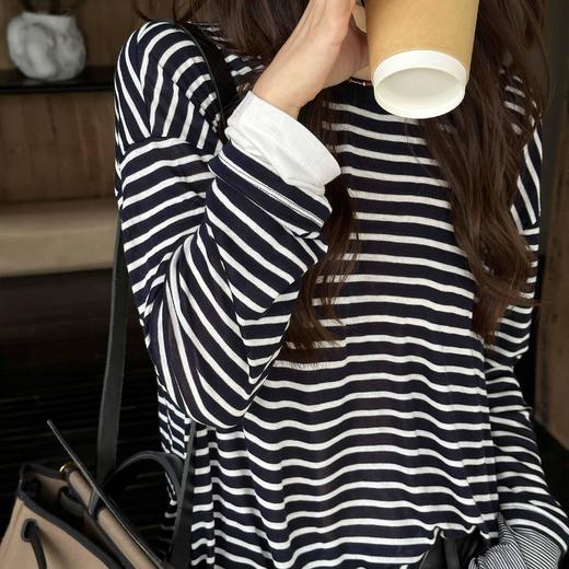 顺丰包邮洛诗琳法式优雅设计感复古撞色天丝羊毛条纹宽松长袖T恤10574 商品图1