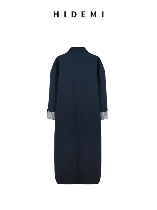 HIDEMI 经典复古廓形设计感羊毛条纹翻边飘领设计感长款风衣外套 商品图11