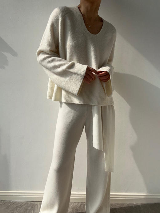 ZAANLI｜ZN40007 既白色 飘带羊绒羊毛针织长裤 商品图9