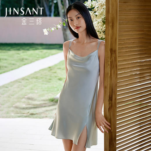 金三塔新品重磅真丝荡领睡裙女100%桑蚕丝蕾丝美背吊带裙家居服睡衣   YSFFA311 商品图0