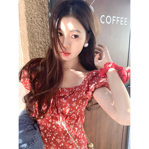 <曾小咸推荐>红色复古收腰显瘦碎花连衣裙 商品图2