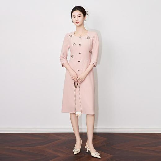 【高货wl】全新升级【铂金会员339/天猫459/差价120】(10026) 洛诗琳2025春季高级感精致方领钉钻轻奢收腰显瘦连衣裙 商品图0