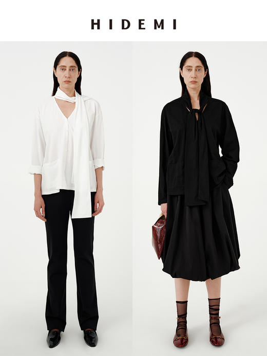 HIDEMI甄选进口纯棉纱线极简围巾T恤设计感V领口袋长袖纽扣衬衫女 商品图0