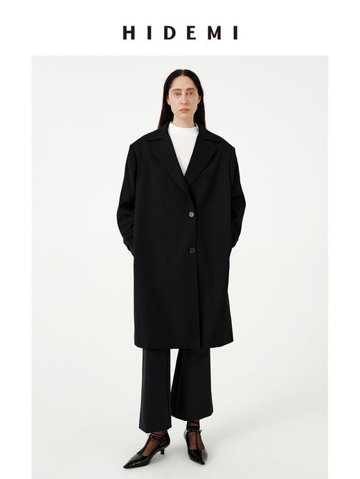 HIDEMI 甄选斜纹精纺高克重全羊毛复古廓形极简翻领式长款西装风衣 商品图3