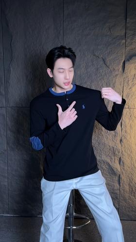 T2197早春新款时尚个性韩版撞色半纽扣圆领长袖T恤百搭休闲套头上衣