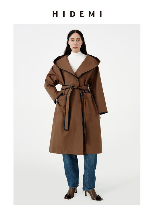 HIDEMI极简复古包皮边连帽腰带式长款风衣 商品图1